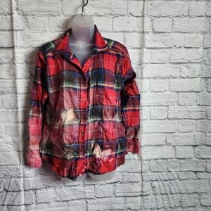 American Eagle Boyfriend Fit Bleach Destructed Red Flannel Button-Down Shirt